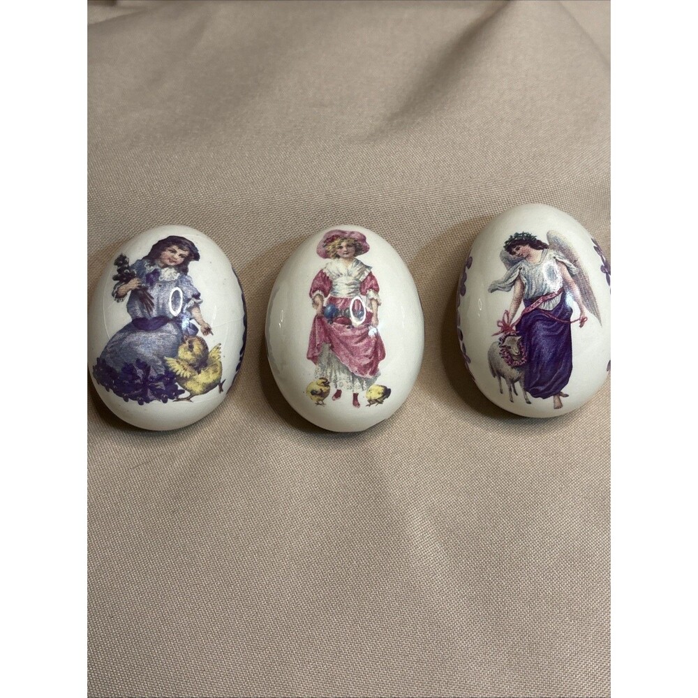 The Egg Lady VTG Set 3 Flat Bottom Eggs Angel w/Wings, Girls w/Ducks Porcelain